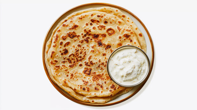 Aloo paratha with dahi top view indian breakfast