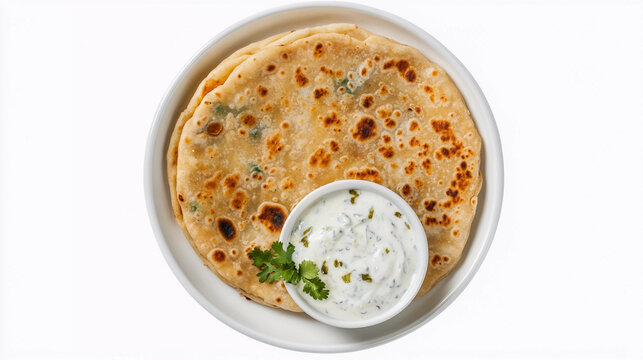 Top view of paratha served with raita isolated on white background 