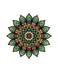 Design an intricate mandala incorporating natural elements, such as leaves and flowers, in a vibrant color palette.