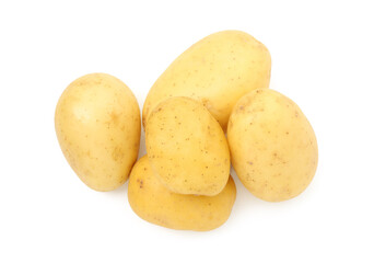 Pile of young potatoes isolated on white, top view