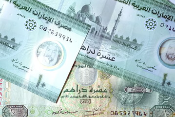 Close up Dirhams currency with new design Notes, AED, Bank notes and coins, United Arab Emirates