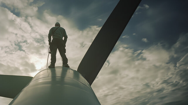 Windkraft Helden: Ingenieur auf Windturbine. Spektakul&auml;re Aussicht, erneuerbare Energie. Ideal f&uuml;r Nachhaltigkeit, gr&uuml;ne Technologie & Industriefotografie