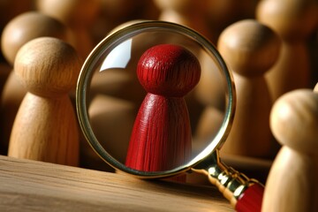 Magnified unique red pawn identical wooden ones