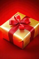 Obraz premium Golden gift box with red ribbon on red background