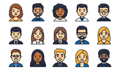 Character Avatar Illustrations Featuring Office Workers, With Various Skin Tones and Hair Colors. Isolated on a Transparent Background. Cutout PNG.