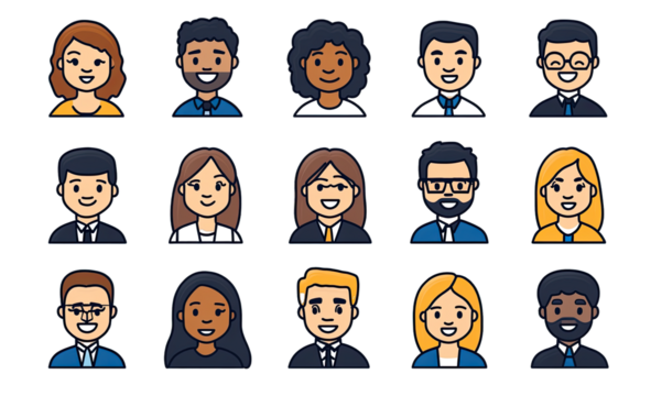 Character Avatar Illustrations Featuring Office Workers, With Various Skin Tones and Hair Colors. Isolated on a Transparent Background. Cutout PNG.