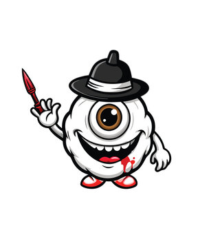 Design a one-eyed monster with a blood-streaked grin holding a knife.