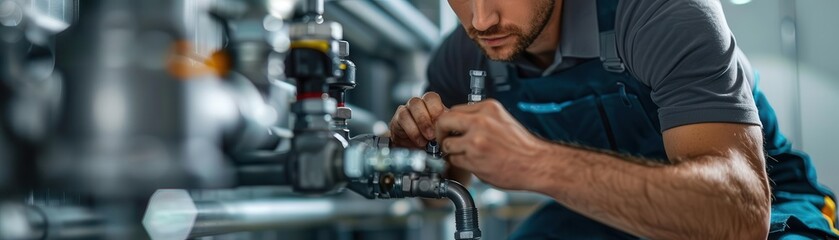 Close-up of a technician tightening bolts on hotel plumbing, hotel maintenance, hands-on work