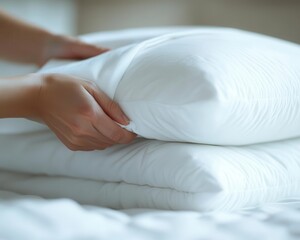 Close-up of hands changing pillowcases, Hotel Housekeeping, Cleanliness and hygiene