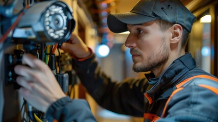 Close-up of a technician checking hotel s security camera, hotel maintenance, security upgrade