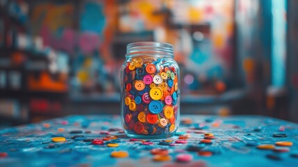 Colorful assortment of buttons in glass jar on artistic background