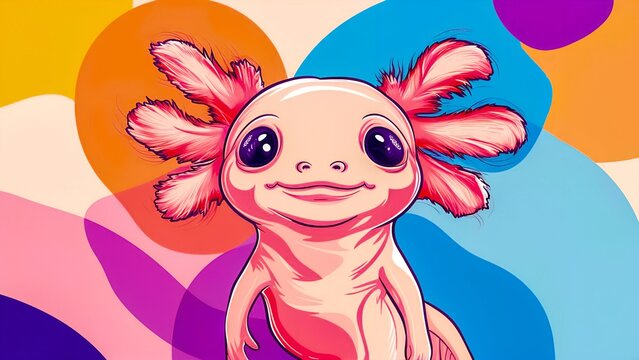 Charming axolotl illustration: a pink cutie with big eyes and gentle smile against a vibrant backdrop perfect for trendy posters, conceptual art, or any design project seeking whimsical modern touch.
