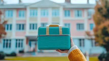 Obraz premium A child’s hand holding a lunchbox, with a bright school building in the background.