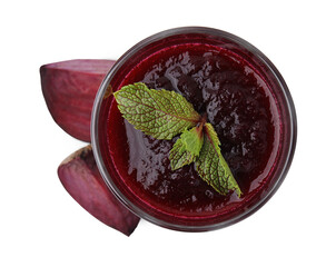 Fresh beetroot smoothie and mint in glass isolated on white, top view