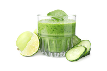 Tasty green smoothie in glass, lime, apples and cucumber isolated on white
