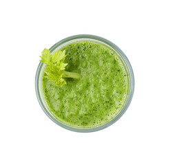 Tasty green smoothie in glass isolated on white, top view