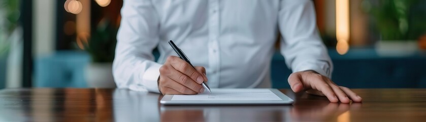 Guest signing digital check-in form on tablet, hotel check-in, modern technology