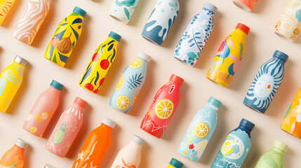 Colorful fruit-themed beverage bottles with playful designs on pastel background