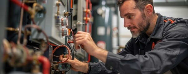 Professional technician checking a hotel's boiler system, hotel maintenance, precision work