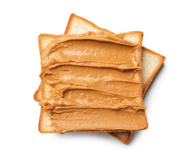 Delicious sandwich with peanut butter isolated white, top view