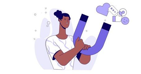 Social Media Marketing. Moving banner with female content creator holding magnet and attracting new audience, likes and comments. Advertising and promotion. Cartoon flat animated graphics