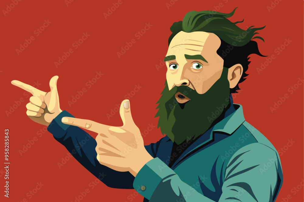 Poster a man with a beard is pointing at an unseen object, suggesting focus or directing attention to a spe