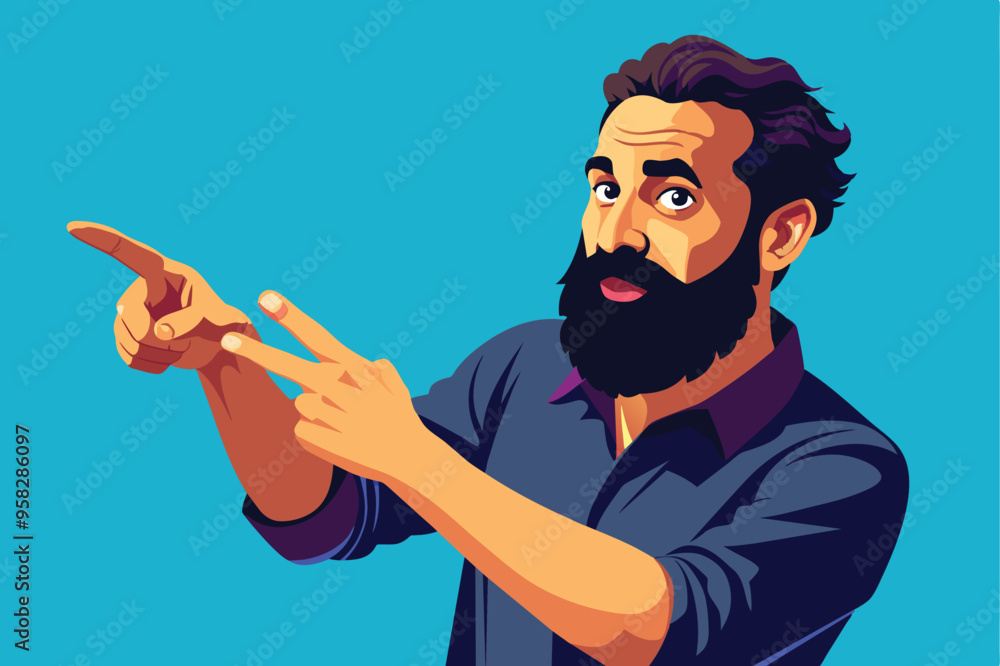 Poster a man with a beard points at an item, demonstrating engagement and directing attention in a conversa