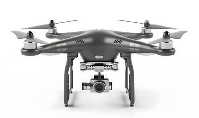 New dark grey drone quadcopter with digital camera and sensors flying isolated on white. 