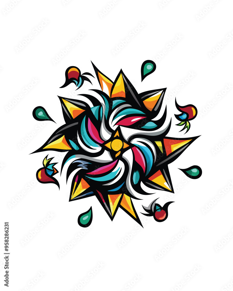 Aufkleber design a playful abstract pattern with various shapes, colors, and textures, aiming for a vibrant an