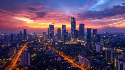 City skyline at dusk with vibrant sunset and illuminated streets
