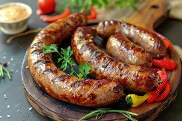 Fototapeta premium Grilled Sausage. Savory Bratwurst on Wooden Board with Vegetables and Sauce