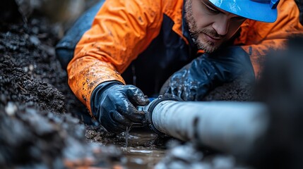 Technician installing a water meter on a bright sunny day in a suburban neighborhood, close-up on hands and meter, clear blue sky in the background