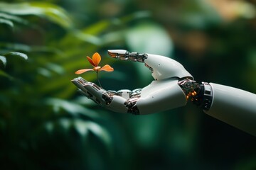 Robot hand holding delicate orange flower green foliage background