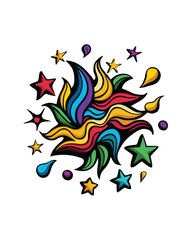 Generate a playful abstract pattern using a variety of shapes, including stars, drops, and wavy lines, rendered in bright, vibrant colors.