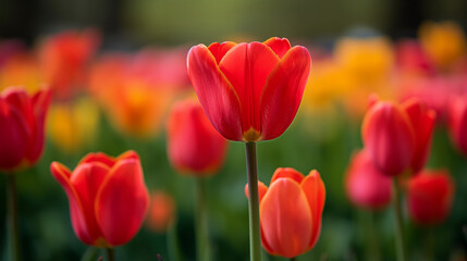 Obraz premium Red tulip in focus with blurred background of vibrant flowers
