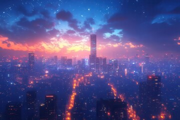 Obraz premium Luminous Metropolis: A Cityscape Adorned with Floating Lanterns at Golden Hour