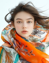 a young brunette is wrapped in a luxurious printed silk scarf. Autumn fashion style