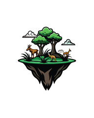 A surreal landscape with a floating island, defying gravity, with two deer and a tree.