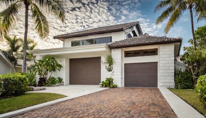 Fototapeta premium modern home in Miami, brick driveway with landscaping and palm tree, garage door is white and brown color 