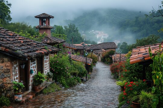 A quaint village in Cuetzalan showcases vibrant flowers and stone pathways amidst a foggy morning atmosphere.
