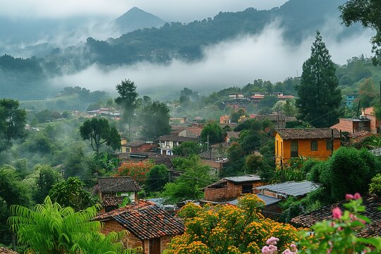 Misty mountains envelop the colorful village of Cuetzalan, revealing charming homes and lush vegetation at dawn.