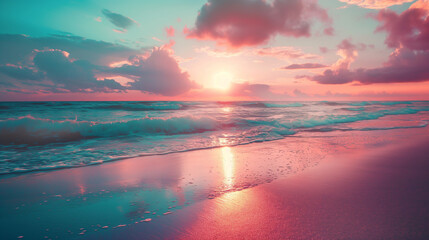Dreamy beach sunset with vibrant colors reflecting on the water
