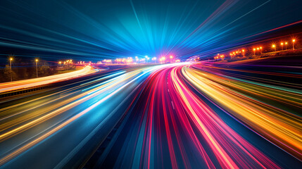 Fototapeta premium Light trails of speeding cars on a winding road at twilight