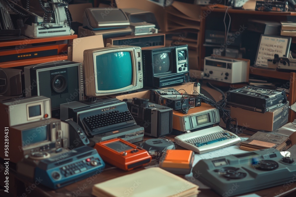 Poster a collection of vintage electronics and devices arranged on a cluttered table.
