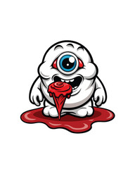 Illustrate a chubby one-eyed monster with a silly expression, dripping red goo from his mouth.
