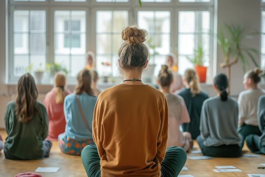 Participants focus on their breath and inner peace during a morning yoga class in a tranquil indoor environment.