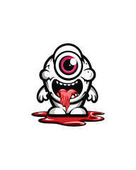 Illustrate a cartoon one-eyed monster with a big smile and a long red tongue. The monster should be chubby and have a large pink eye.