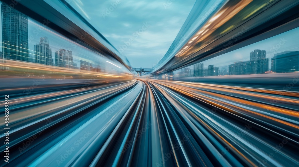 Poster a wide-angle view of a high-speed train on a track, with motion blur conveying its rapid movement an