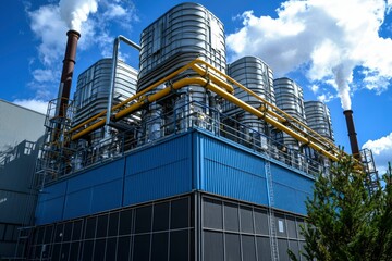 Fototapeta premium Industrial Complex with Smoke Plumes and Cooling Towers