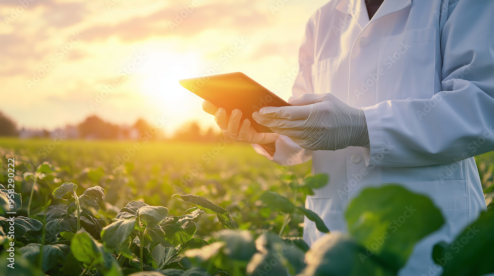 Poster a scientist in a white lab coat and gloves uses a tablet while examining crops in a sunlit field, sy